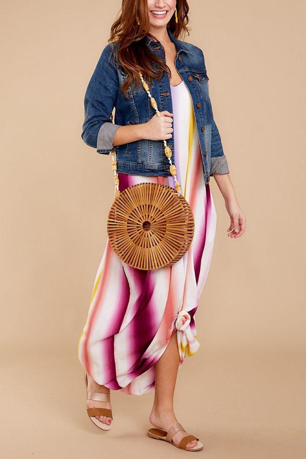 Fashion sleeveless Floral Print Stripe Maxi Dress