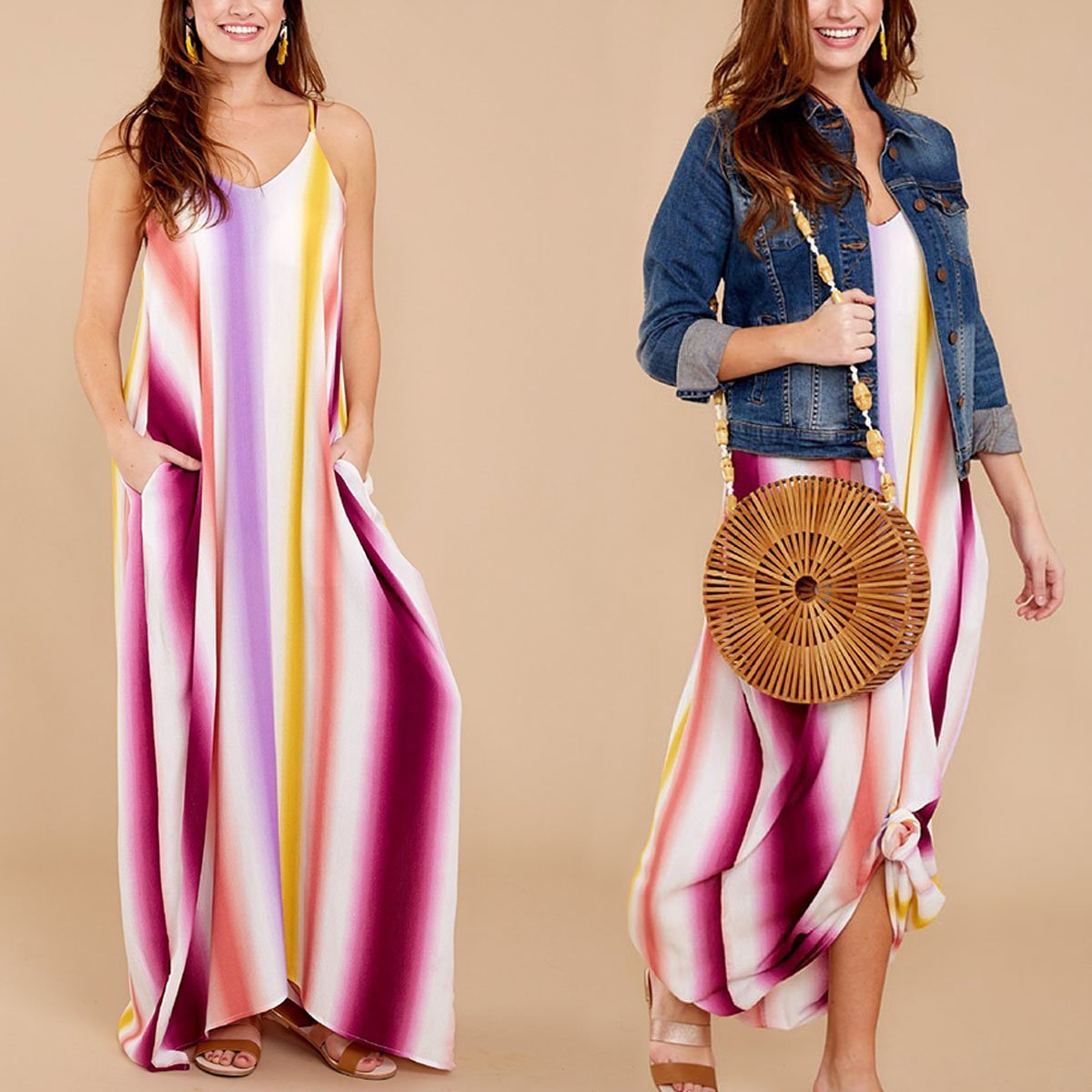 Fashion sleeveless Floral Print Stripe Maxi Dress