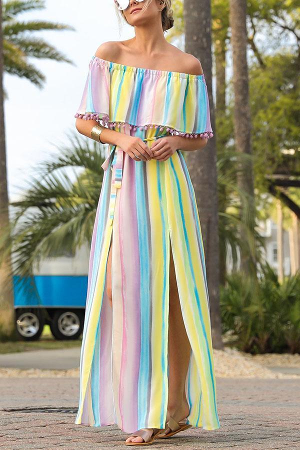 Fashion short sleeves Floral Print Stripe Maxi Dress