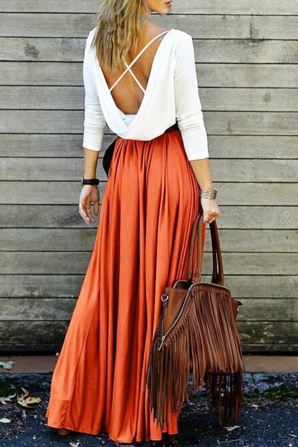 Fashion Casual Splicing Backless long sleeves Maxi Dress