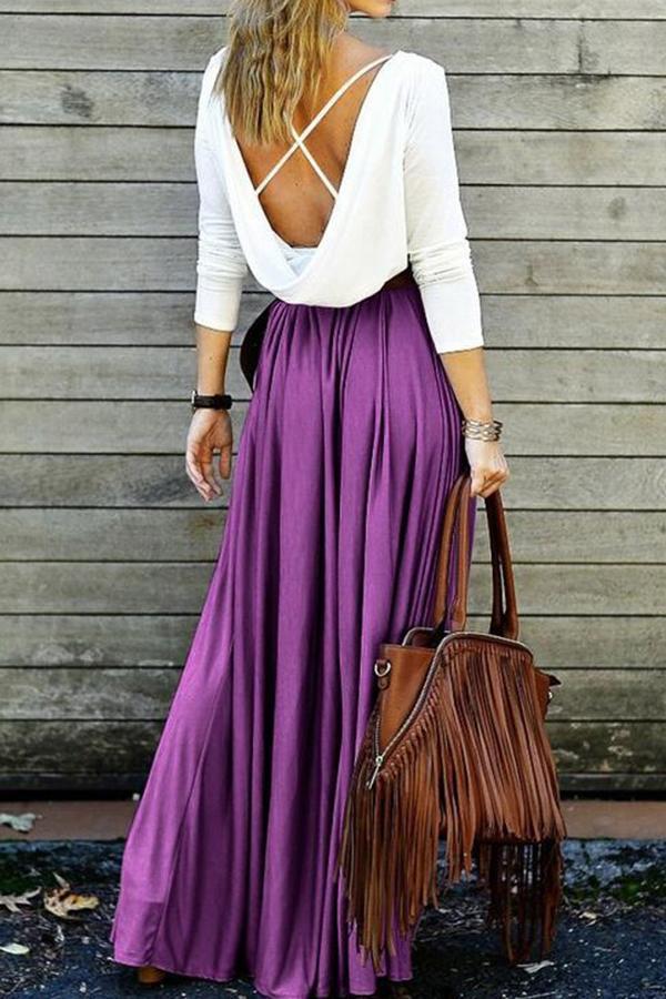 Fashion Casual Splicing Backless long sleeves Maxi Dress