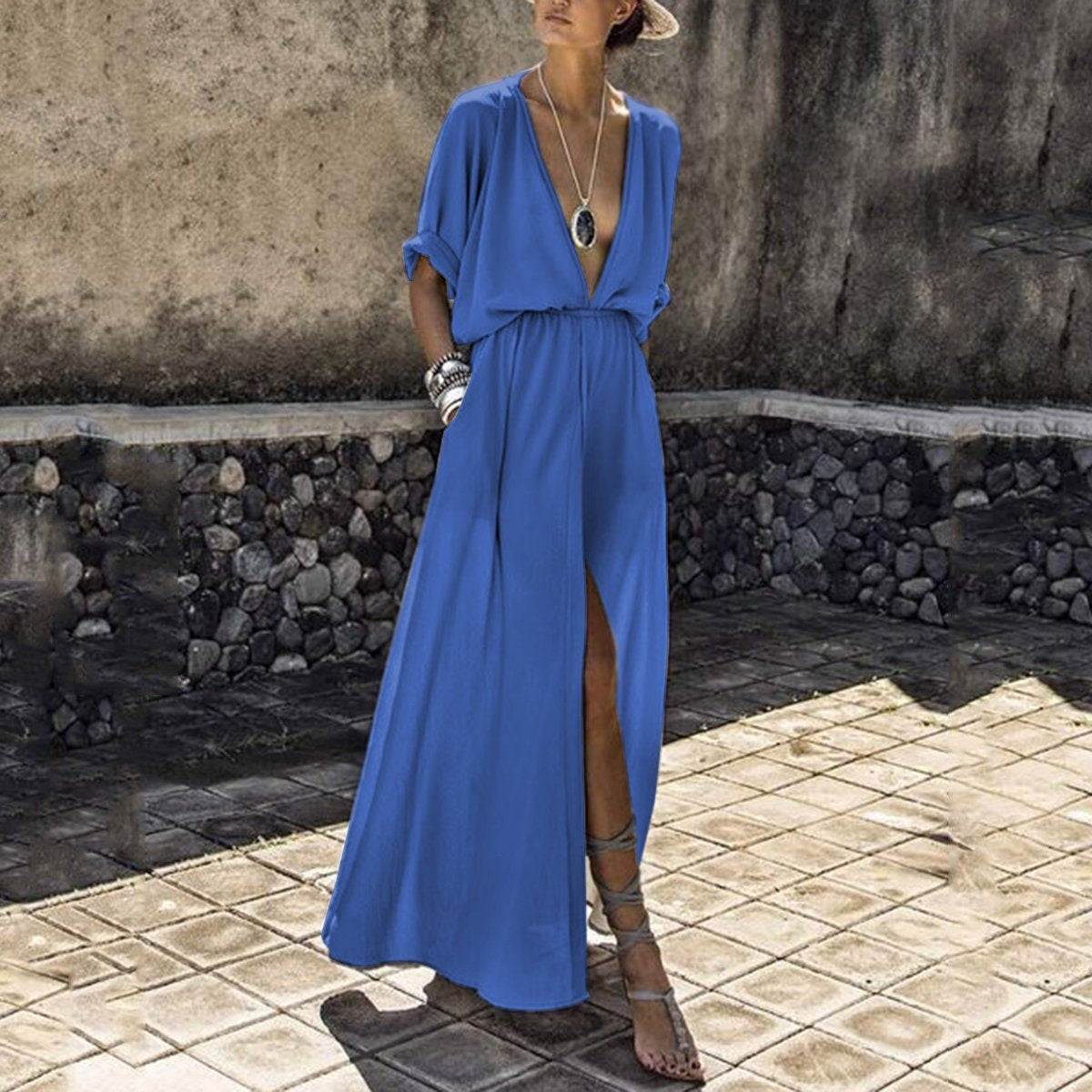 V-Neck  short sleeve Elastic Waist  Plain Maxi Dress