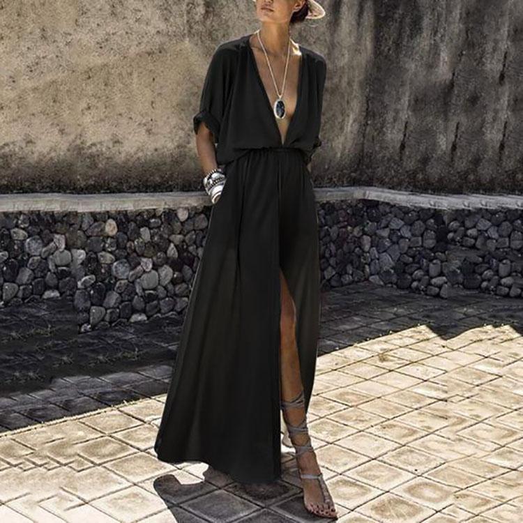 V-Neck  short sleeve Elastic Waist  Plain Maxi Dress