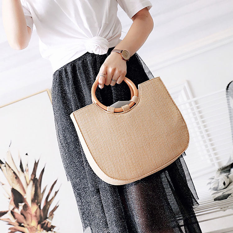 Straw Wood Handle Hand Bag