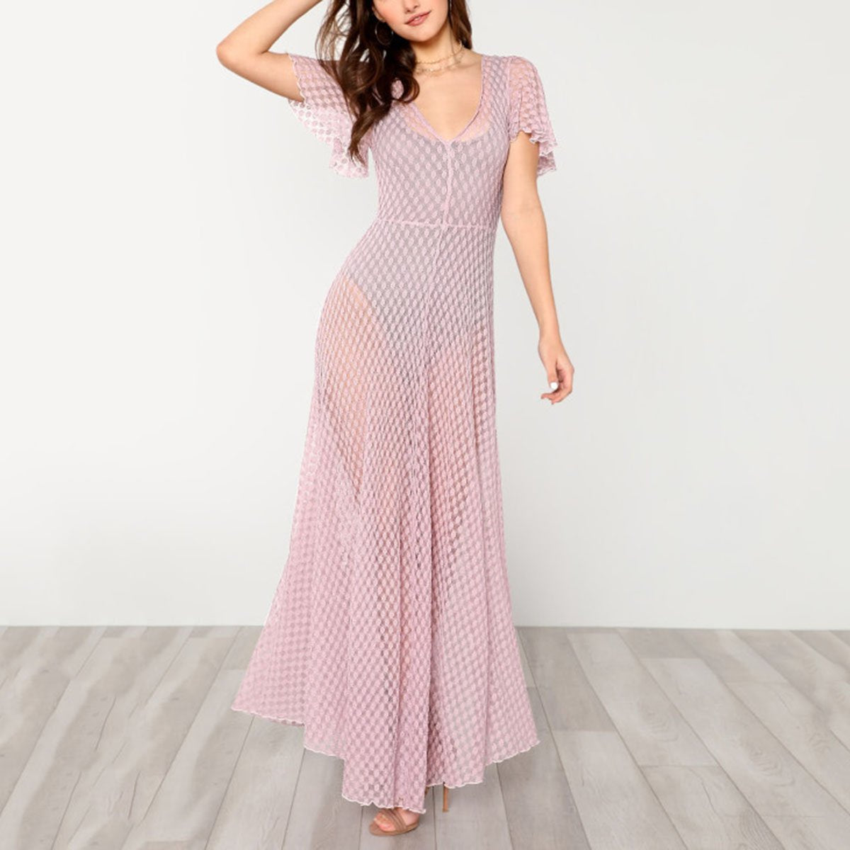 Sexy Pink Short Sleeves Maxi Dress