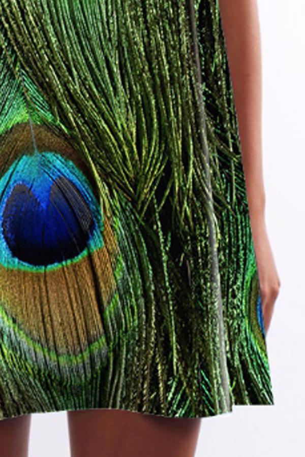 Round Neck  Peacock Feathers Prints  Sleeveless Casual Dresses