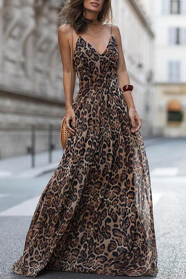 Leopard V Neck Spaghetti Strap Maxi Dress