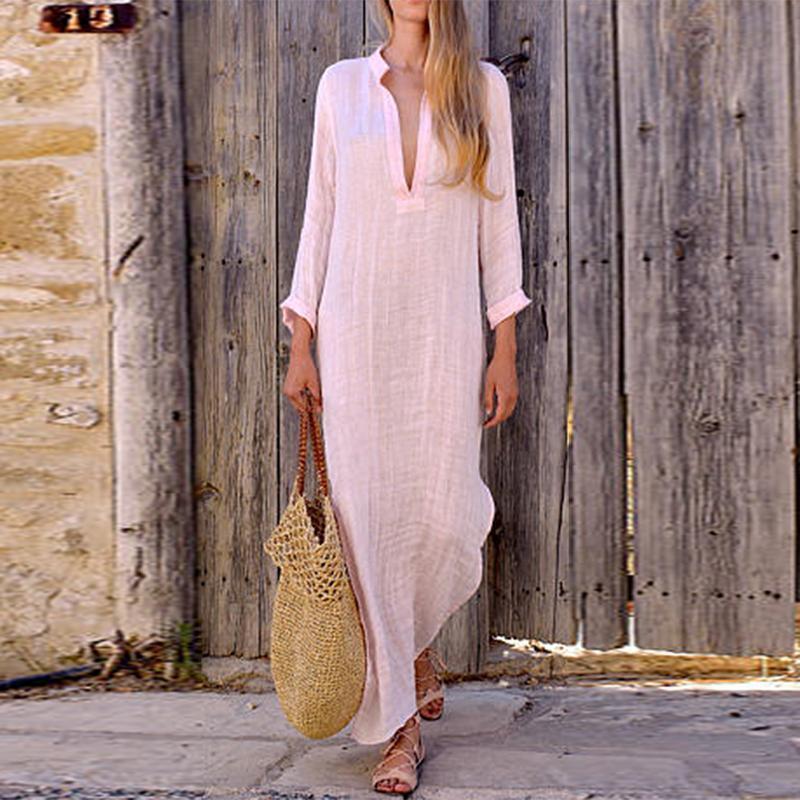 Split Neck long sleeves Plain Maxi Dress