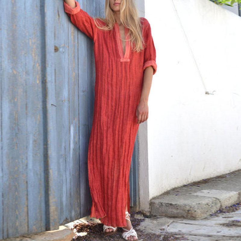 Split Neck long sleeves Plain Maxi Dress