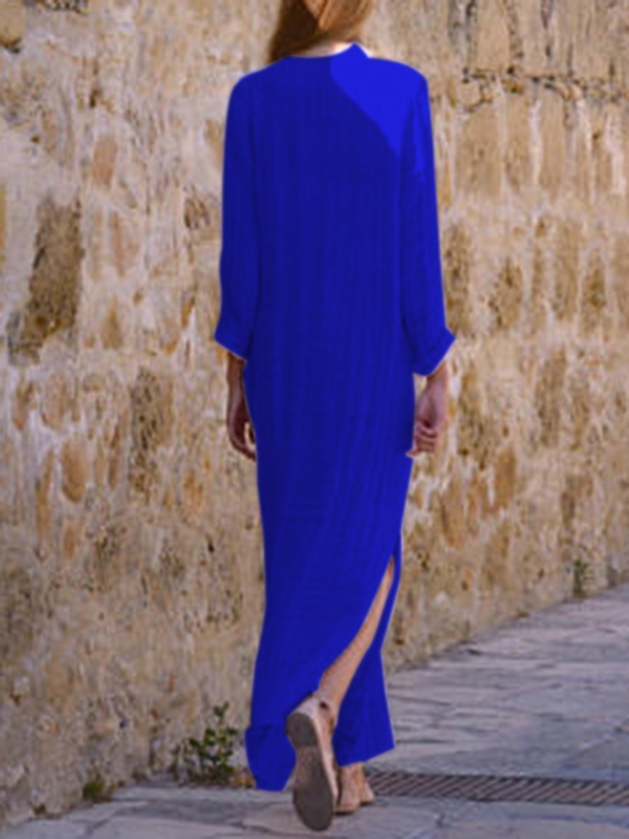 Split Neck long sleeves Plain Maxi Dress