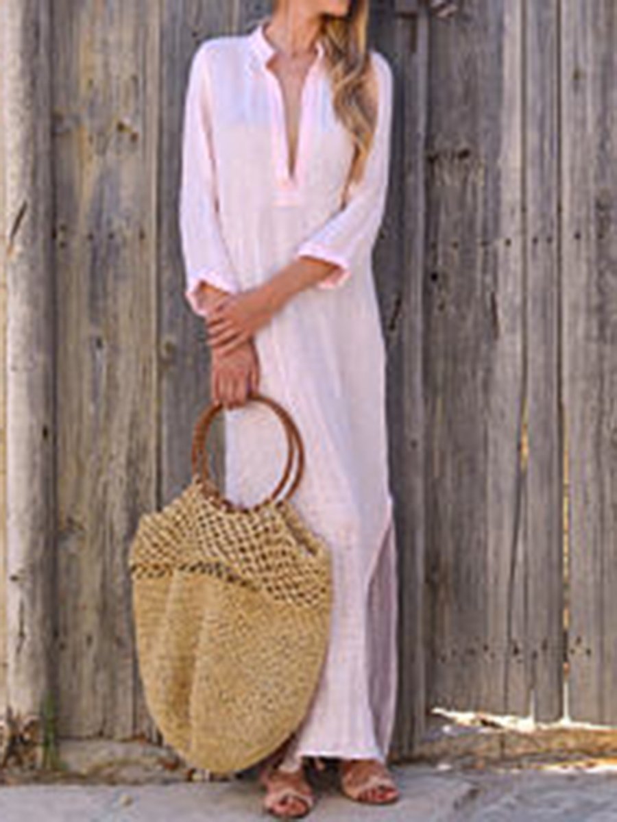 Split Neck long sleeves Plain Maxi Dress