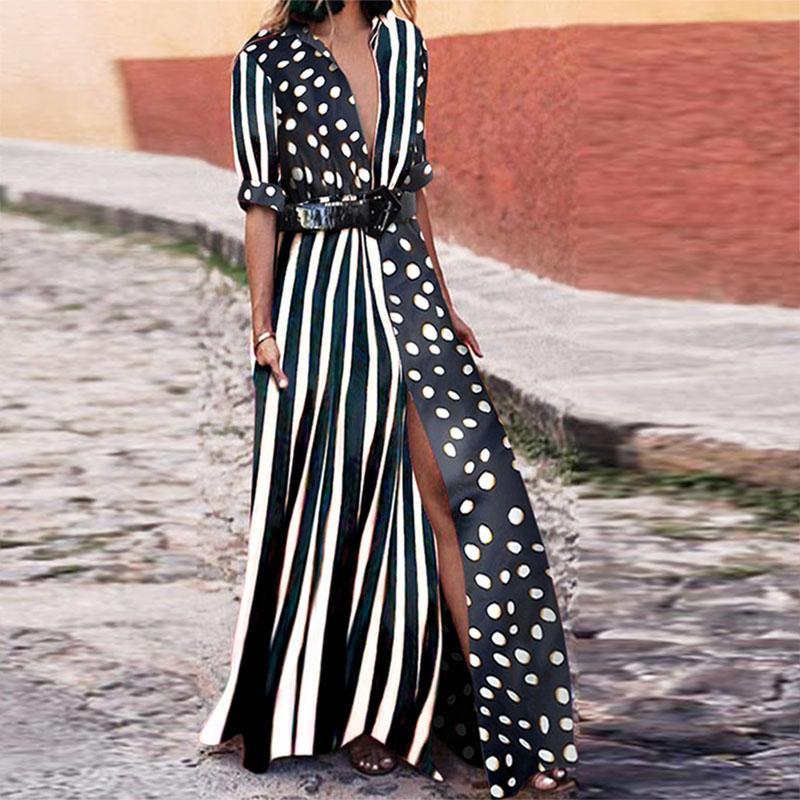 Fashionable V-Neck short sleeves Striped Polka Dot Maxi Dress