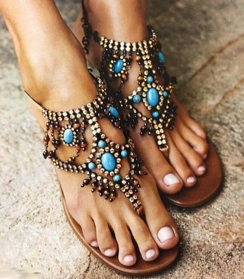 Bohemian Beaded Clip Toe Beach Flat Sandals