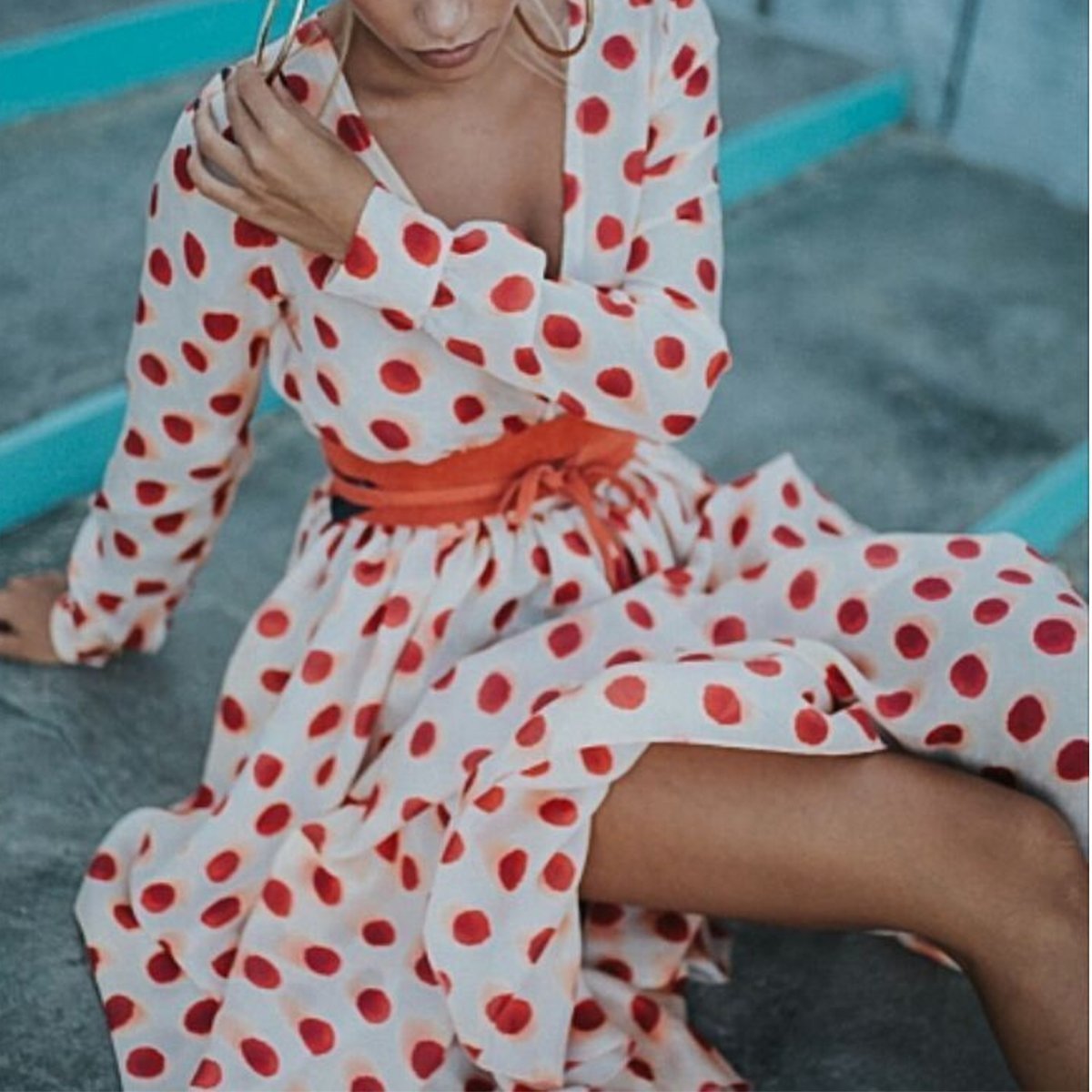 Sexy Red Wave Point Long Sleeves Maxi Dress