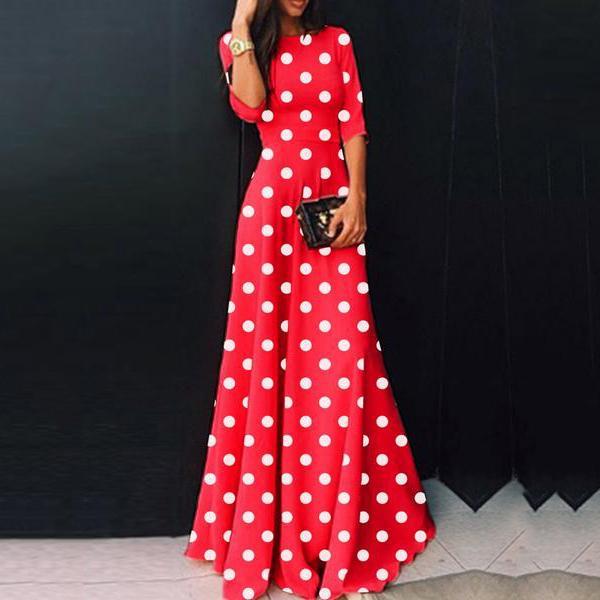 Round Neck short sleeve Polka Dot Maxi Dress