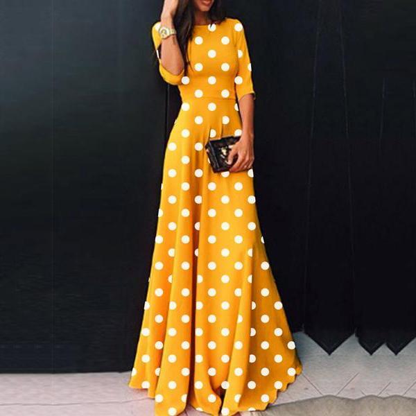 Round Neck short sleeve Polka Dot Maxi Dress