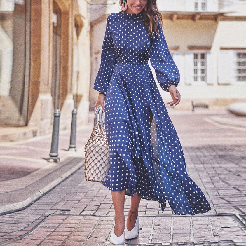 Round Collar Polka Dot Slit long sleeve Dress