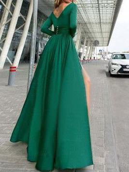 V-Neck Long Sleeves the Sides Split Maxi Dress