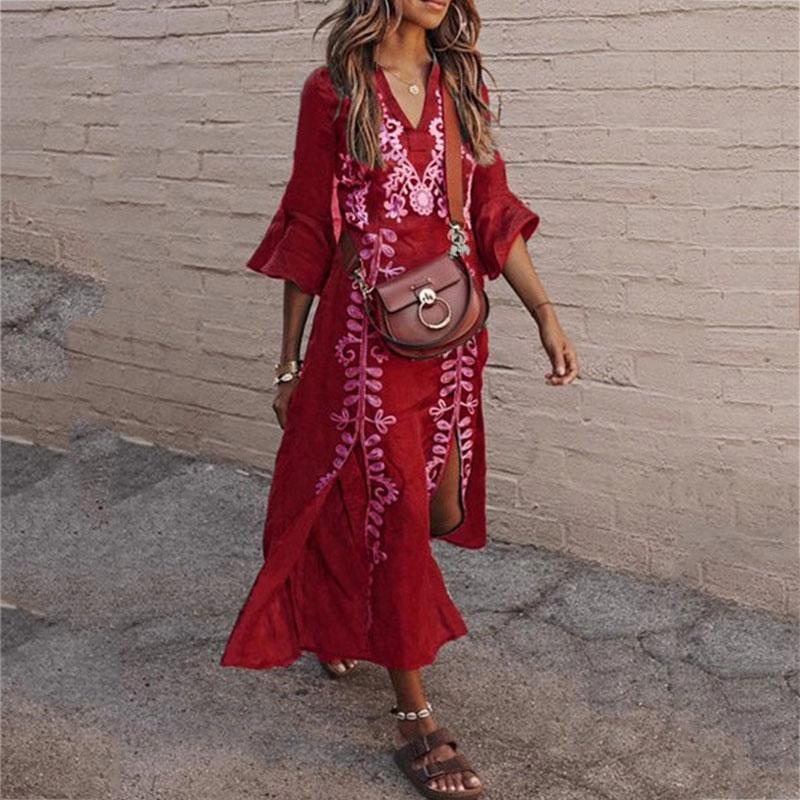 Sexy V Collar Floral Printed Slit long sleeves Maxi Dress