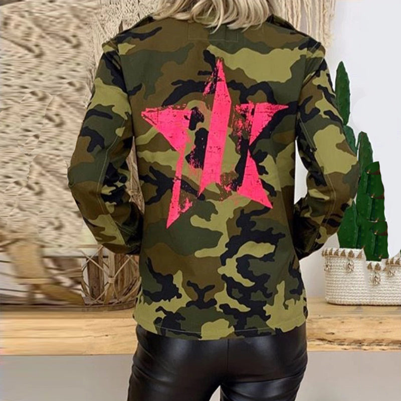 fashion stand collar camouflage printed pockets jacket