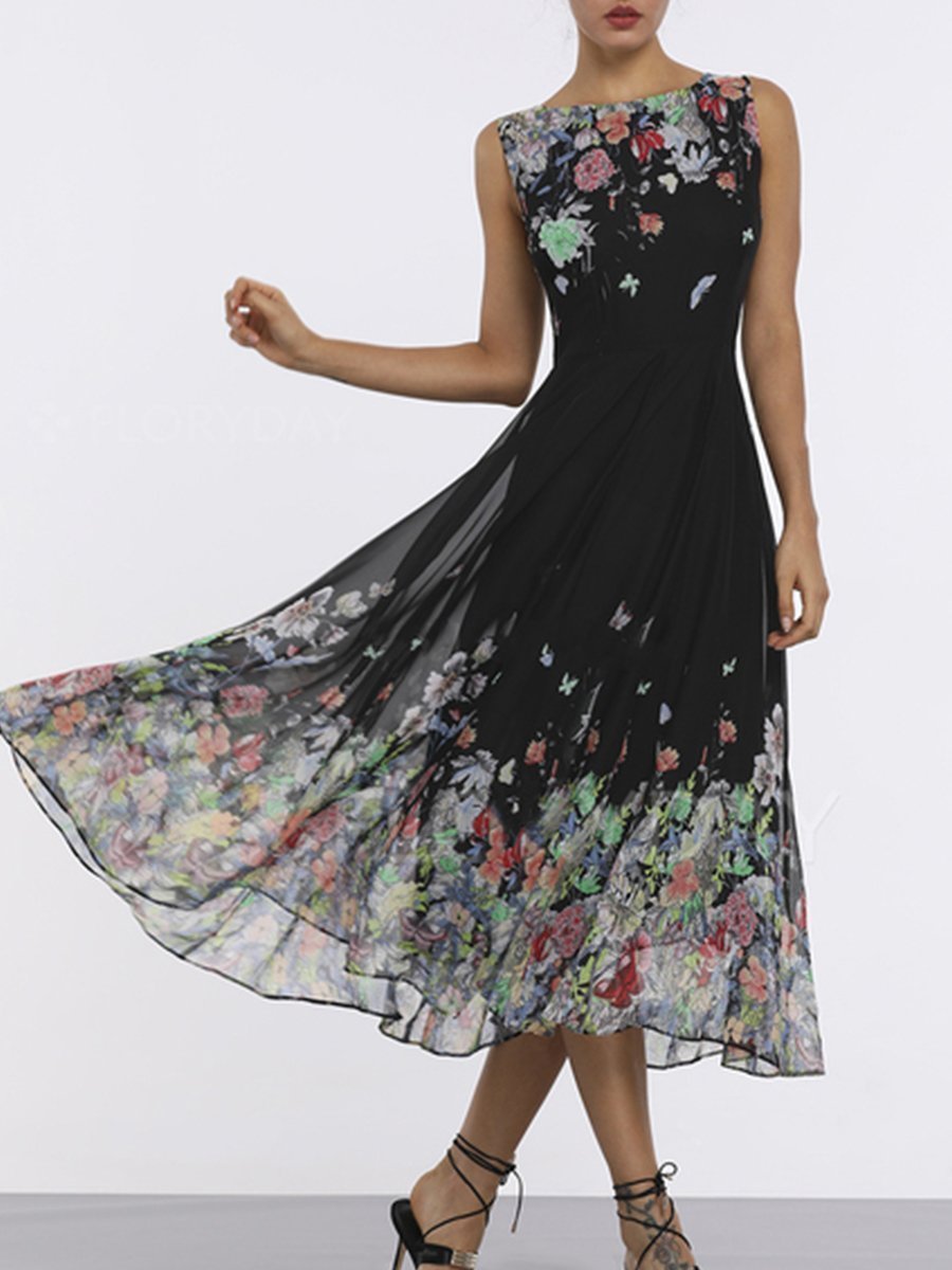 Round Neck  Floral Printed sleeveless Midi Dress