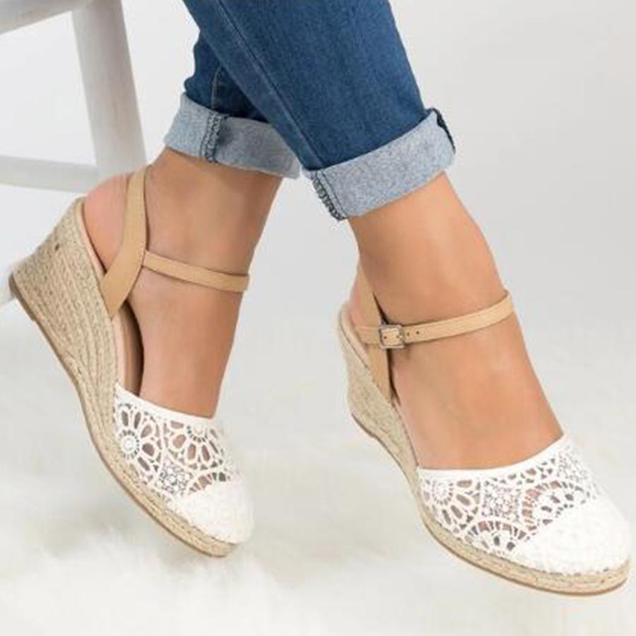 Lace  High Heeled  Lace  Ankle Strap  Round Toe  Date Wedge Sandals