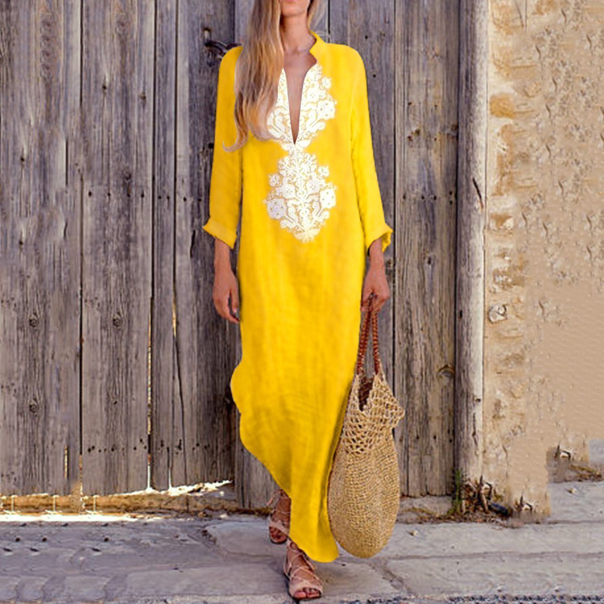 Fashionable Cotton/Line Casual V-Neck long sleeve Yellow Maxi Dresses