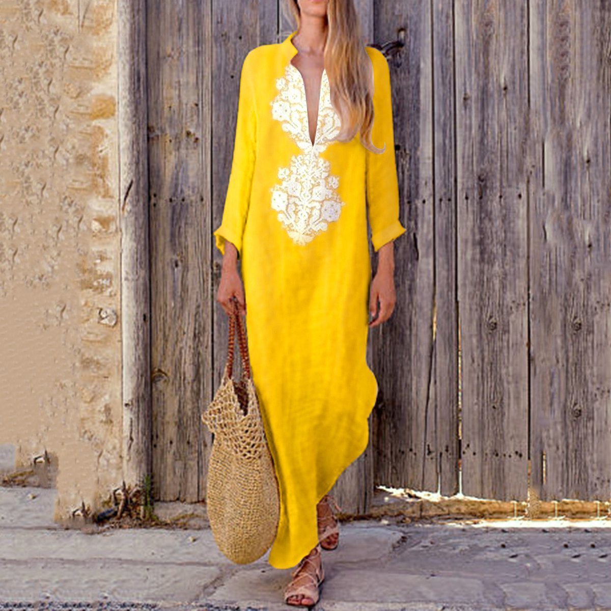 Fashionable Cotton/Line Casual V-Neck long sleeve Yellow Maxi Dresses