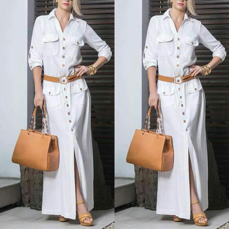 Elegant V  Neck long sleeves White Plain Maxi Dress