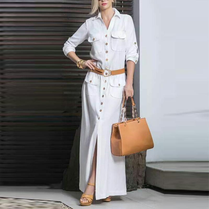 Elegant V  Neck long sleeves White Plain Maxi Dress