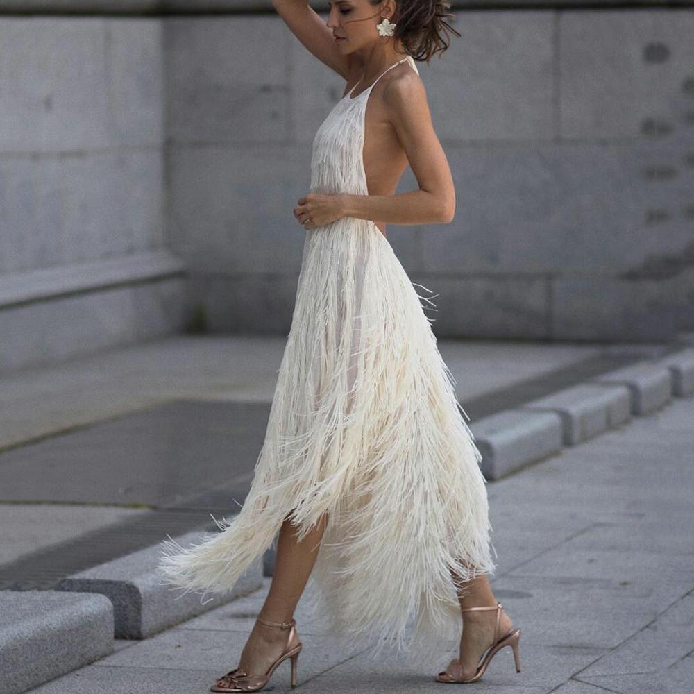 Sexy Backless Sleeveless Tassel Maxi Dress