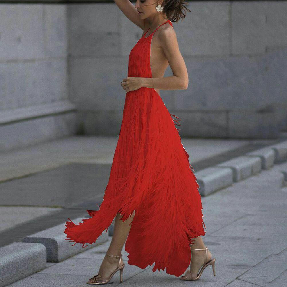 Sexy Backless Sleeveless Tassel Maxi Dress