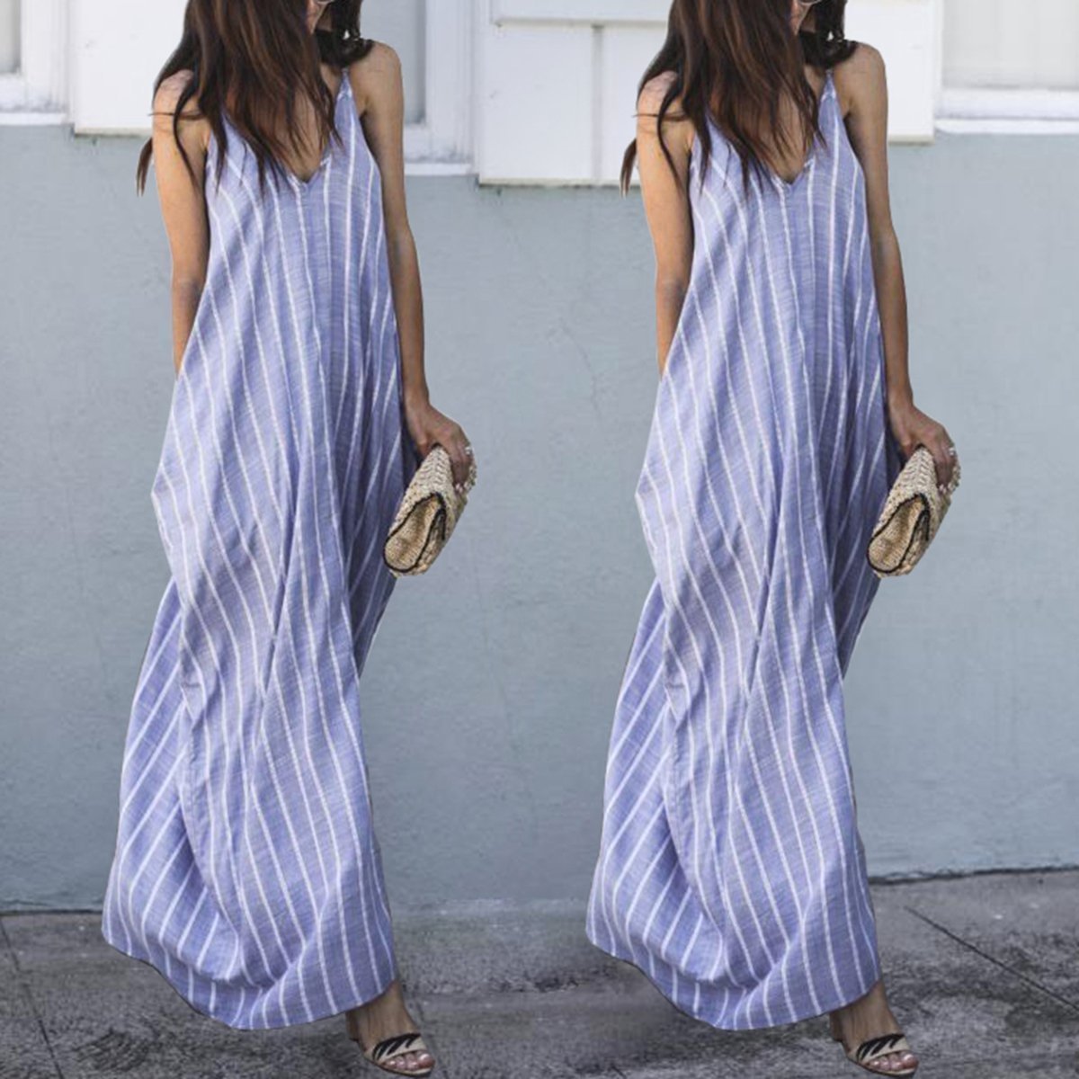 Sexy Blue Stripe Sleeveless Casual Dresses