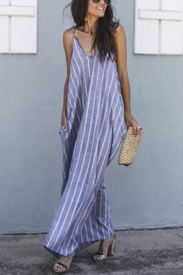 Sexy Blue Stripe Sleeveless Casual Dresses
