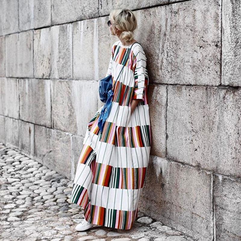 Round Neck Half Sleeve Color Block Maxi Dress