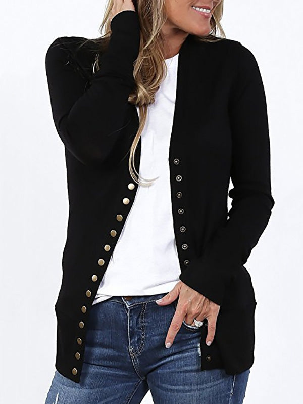 Solid Color V-Neck Long Sleeve Fashion Button Jacket