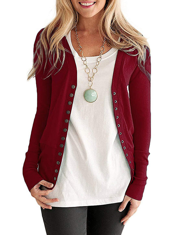 Solid Color V-Neck Long Sleeve Fashion Button Jacket