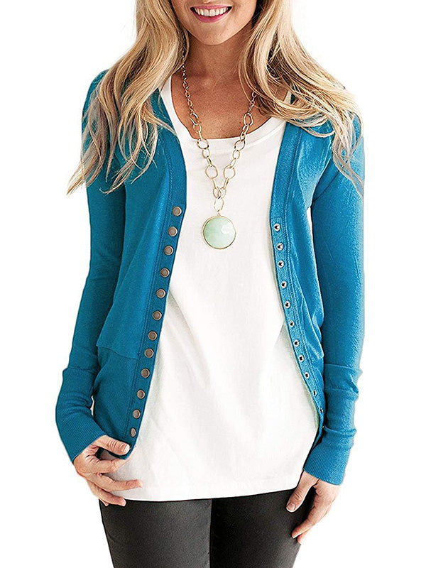 Solid Color V-Neck Long Sleeve Fashion Button Jacket