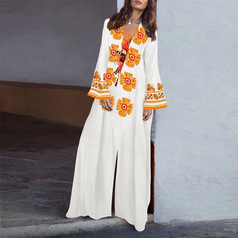 V-Neck long sleeves Tassel Cotton/Linen Dress