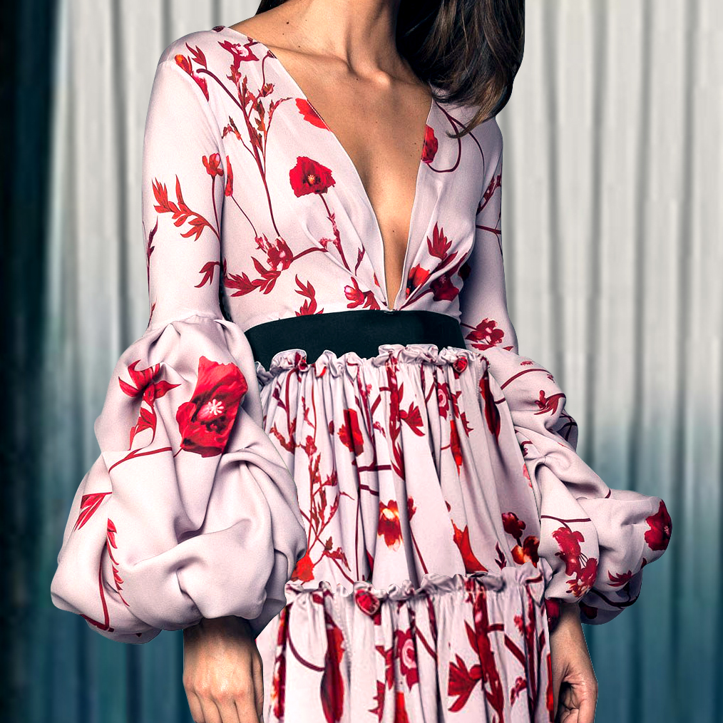 Sexy Floral Deep V Collar Puff Long Sleeve Joint Maxi Dress