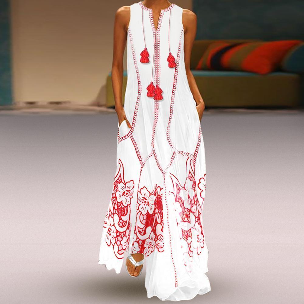 Chinese-Style sleeveless  Printed Cotton And Linen maxi Dress