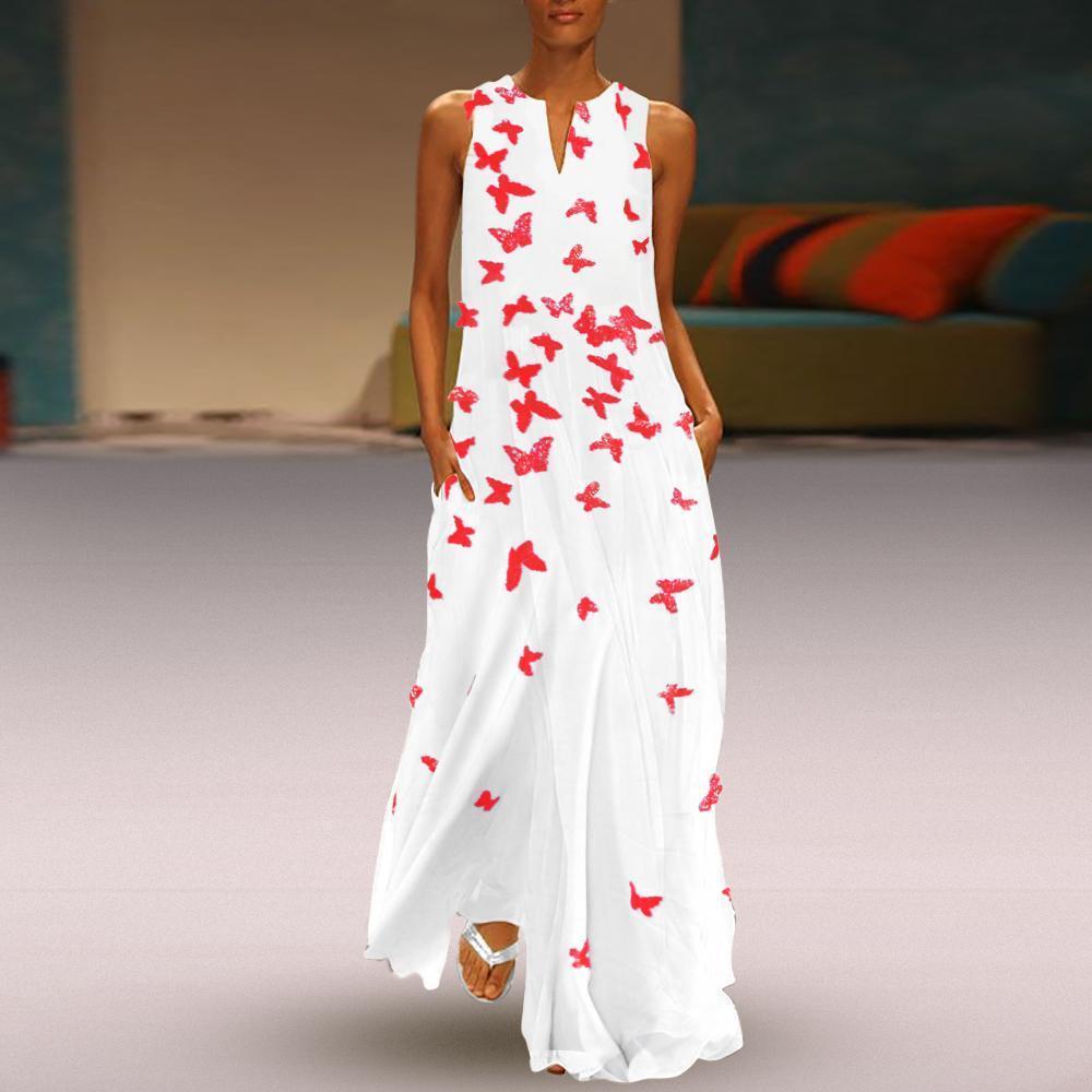 Chinese Butterfly Printed sleeveless Maxi Shift Dress