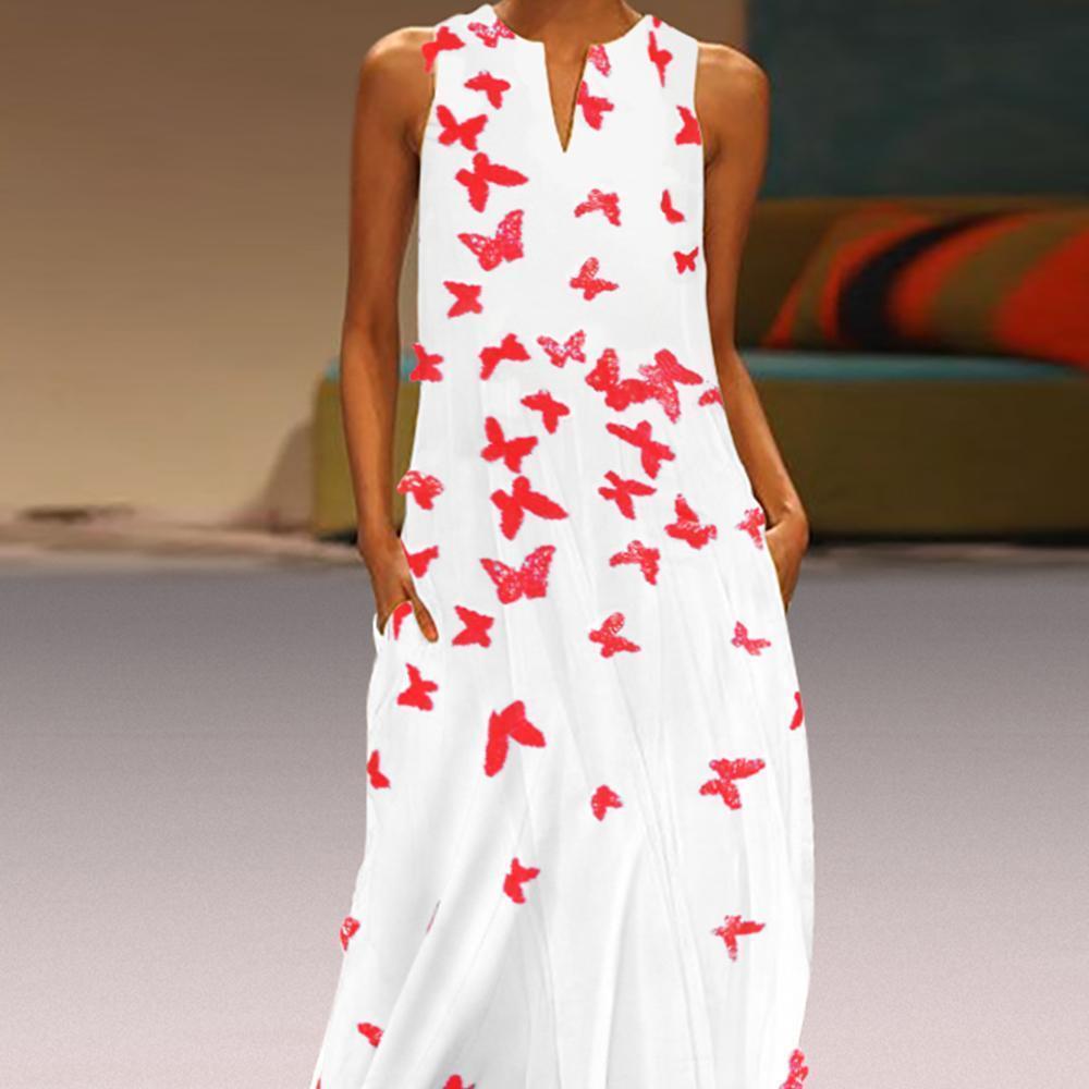 Chinese Butterfly Printed sleeveless Maxi Shift Dress