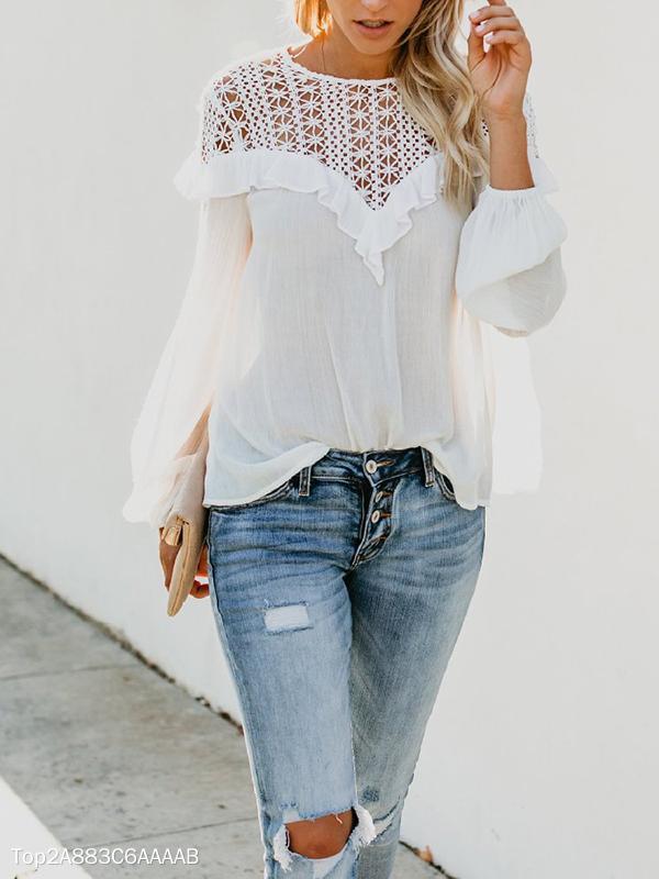 Round Neck  Hollow Out Plain  Blouses