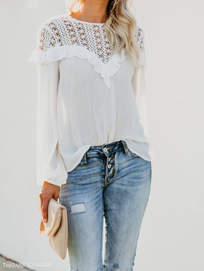 Round Neck  Hollow Out Plain  Blouses