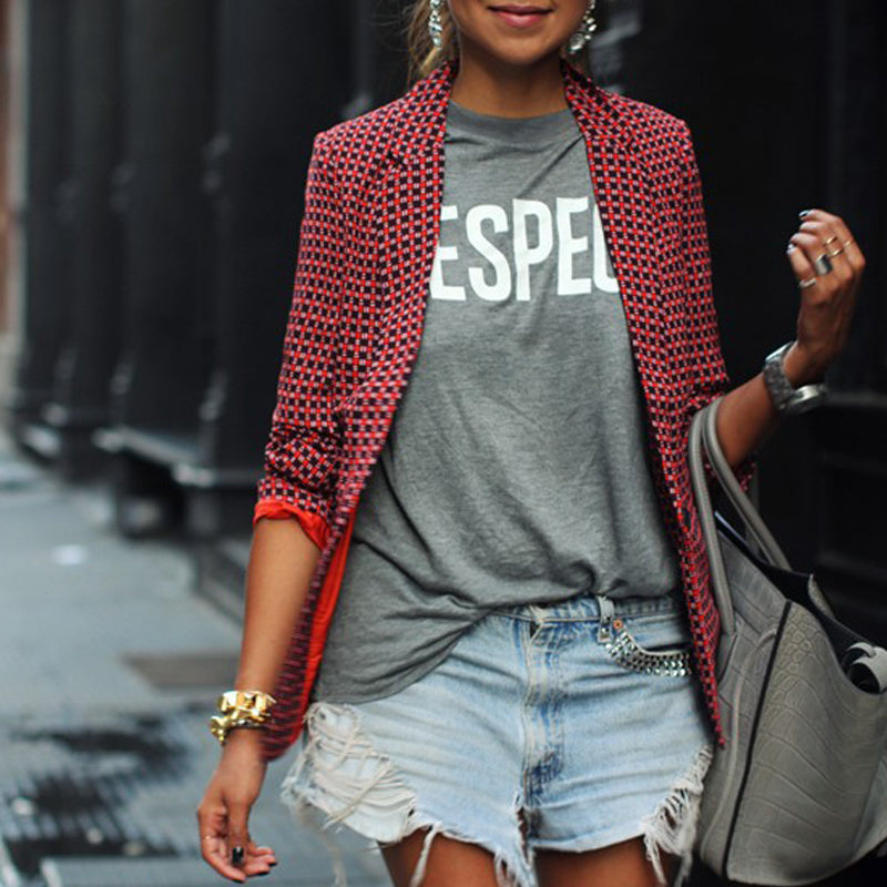 Casual Long-Sleeved Red Plaid Blazer