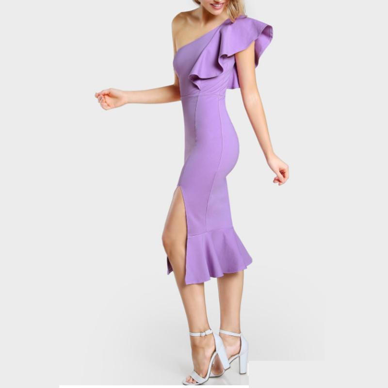 Sexy sleeveless Off-The-Shoulder Ruffled Split Evening Dress