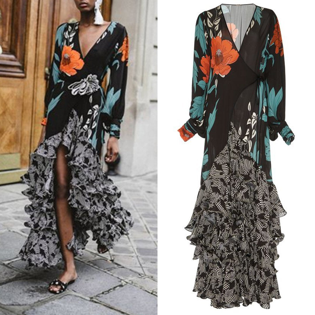 Print Long Sleeve ruffles Irregular Dress