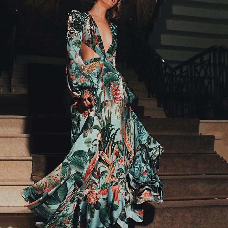 Fashion Elegant Floral V-Neck long sleeves Dress