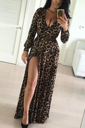 Sexy Elegant Chic Slim Leopard Print V Collar Long Sleeve Fork Evening Dress